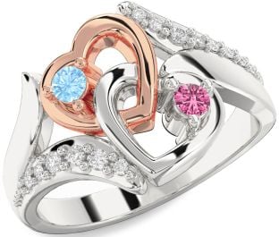 Diamond Silver & 10K Rose Gold Heart Two Stone Promise Ring