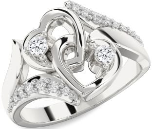 Diamond Silver & 10K Rose Gold Heart Round Two Stone Ring