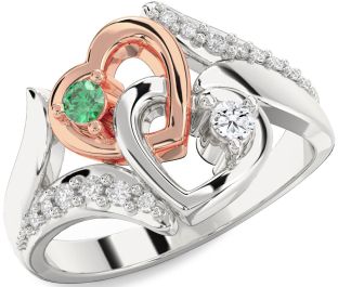 Diamond Rose Gold Silver Heart Two Stone Promise Ring
