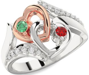 Diamond Emerald Platinum & Rose Gold Heart Two Stone Birthstone Ring