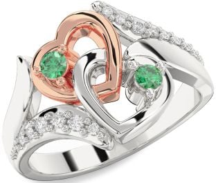 Diamond Emerald Platinum & Rose Gold Heart Two Stone Birthstone Ring