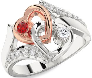 Diamond Emerald Platinum & Rose Gold Heart Two Stone Birthstone Ring