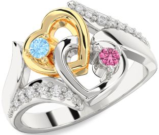 Diamond Silver & 10K gold Heart Two Stone Promise Ring