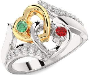 Diamond Emerald Platinum & Yellow Gold Heart Two Stone Birthstone Ring