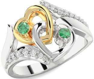 Diamond Emerald Platinum & Yellow Gold Heart Two Stone Birthstone Ring