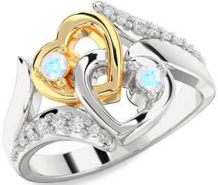 Diamond Moonstone Gold Silver Heart Two Stone Ring