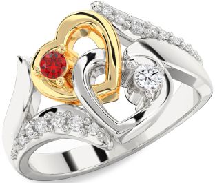 Diamond Emerald Platinum & Yellow Gold Heart Two Stone Birthstone Ring