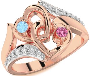 Diamond Rose Gold Silver Heart Two Stone Promise Ring