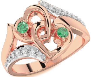 Diamond Emerald Rose Gold Heart Two Stone Birthstone Ring