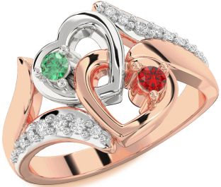 Diamond Emerald Platinum & Rose Gold Heart Two Stone Birthstone Ring