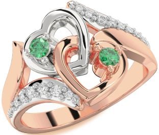 Diamond Emerald Platinum & Rose Gold Heart Two Stone Birthstone Ring