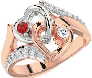 Diamond Emerald Platinum & Rose Gold Heart Two Stone Birthstone Ring