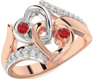 Diamond Emerald Platinum & Rose Gold Heart Two Stone Birthstone Ring