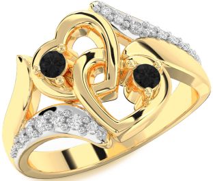 Black Diamond Gold Silver Heart Two Stone Ring