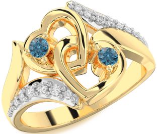 Blue Diamond Gold Silver Heart Two Stone Ring