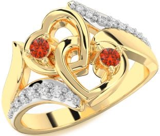 Diamond Fire Opal Gold Silver Heart Two Stone Ring