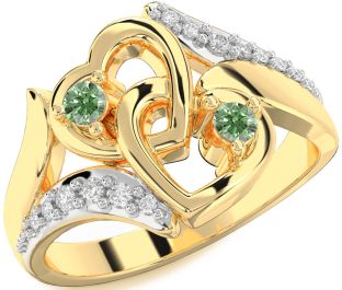 Green Diamond Gold Silver Heart Two Stone Ring
