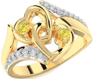 Yellow Diamond Gold Silver Heart Two Stone Ring