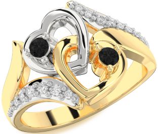 Black Diamond Gold Silver Heart Two Stone Ring