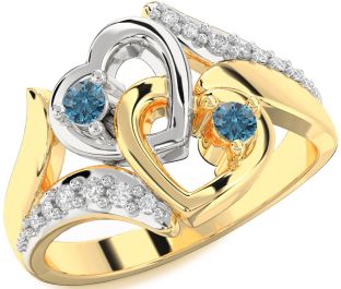 Blue Diamond Gold Silver Heart Two Stone Ring