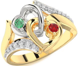 Diamond Emerald Platinum & Yellow Gold Heart Two Stone Birthstone Ring
