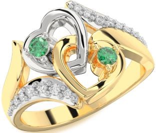 Diamond Emerald Platinum & Yellow Gold Heart Two Stone Birthstone Ring