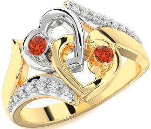 Diamond Fire Opal Gold Silver Heart Two Stone Ring
