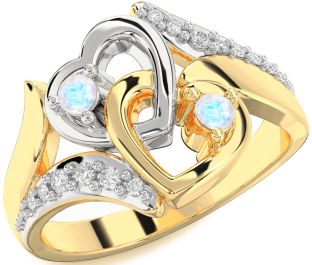 Diamond Moonstone Gold Silver Heart Two Stone Ring