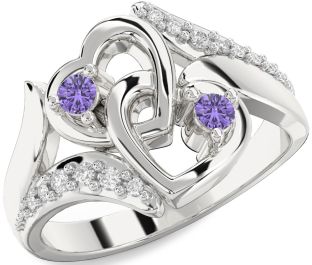 Diamond Alexandrite Silver Heart Two Stone Birthstone Ring