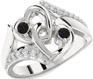 Black Diamond Silver Heart Two Stone Ring