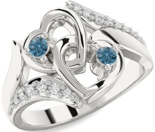 Blue Diamond Silver Heart Two Stone Ring