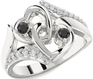 Diamond Black Onyx Silver Heart Two Stone Ring