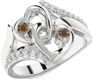 Chocolate Brown Diamond Silver Heart Two Stone Ring