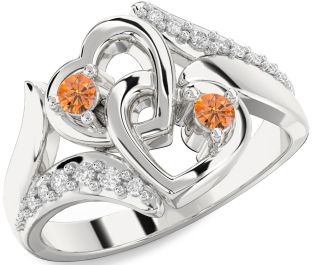 Diamond Citrine Silver Heart Two Stone Birthstone Ring