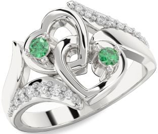 Diamond Emerald Platinum Heart Two Stone Birthstone Ring