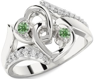 Green Diamond Silver Heart Two Stone Ring