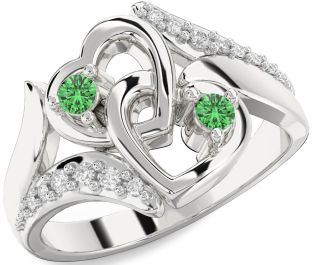 Diamond Green Sapphire Silver Heart Two Stone Ring