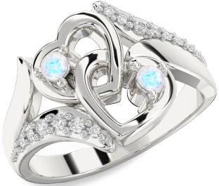 Diamond Moonstone Silver Heart Two Stone Ring