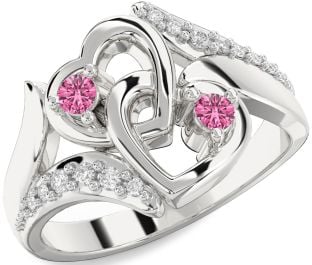 Diamond Pink Sapphire Silver Heart Two Stone Ring