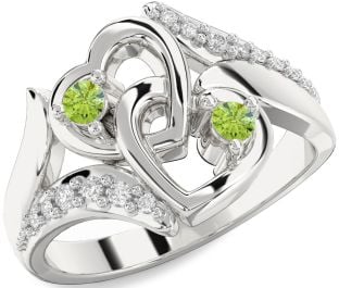Diamond Peridot Silver Heart Two Stone Birthstone Ring