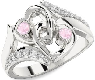 Diamond Rose Quartz Silver Heart Two Stone Ring