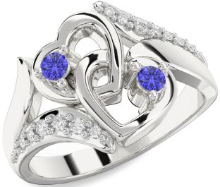 Diamond Tanzanite Silver Heart Two Stone Ring