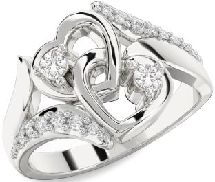 Diamond White Sapphire Silver Heart Two Stone Ring