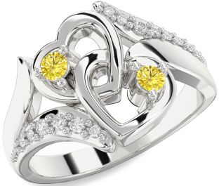 Yellow Diamond Silver Heart Two Stone Ring