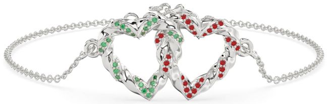Emerald & Ruby Platinum Heart Interlock Chain Bracelet