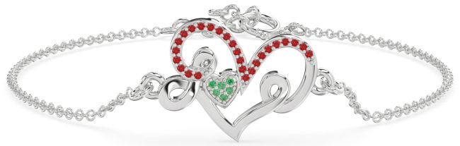 Emerald & Ruby Silver Heart Chain Bracelet