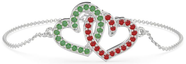 Emerald & Ruby Platinum Heart Interlock Chain Bracelet