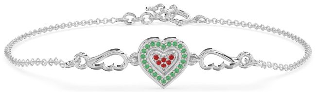 Emerald & Ruby Platinum Heart Wings Chain Bracelet