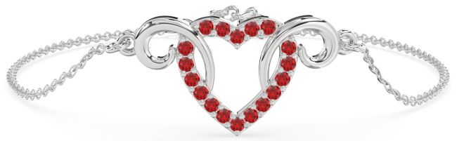 Ruby Silver Heart Chain Bracelet