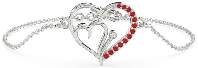 Ruby Silver Heart Chain Bracelet